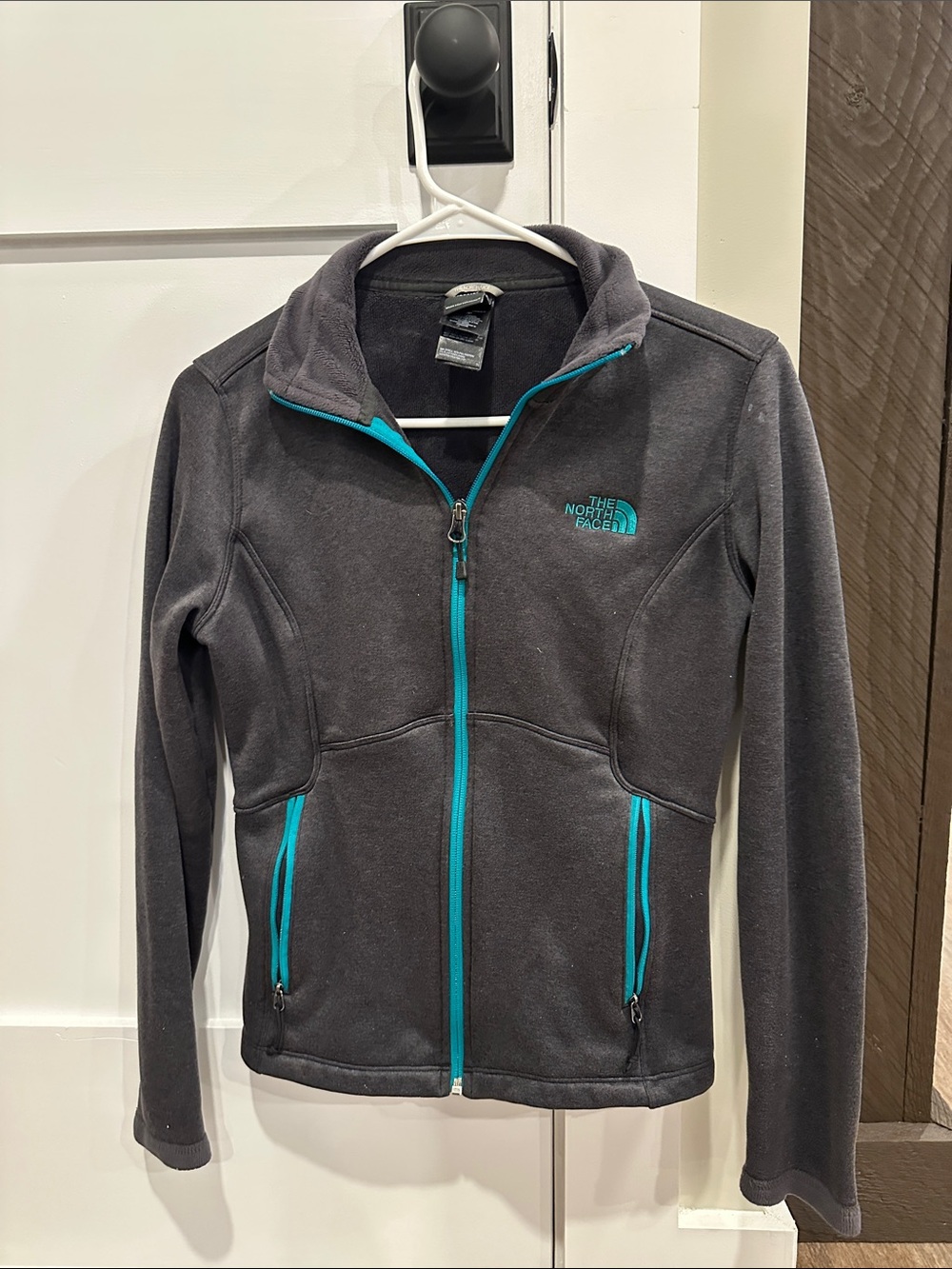The North Face Dark Charcoal Fleece Jacket with Teal Trim